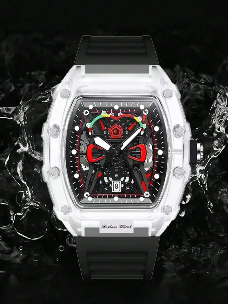 جديد الرجال كوارتز ساعة شفافة حالة سيليكون حزام مضيئة التقويم ساعات المعصم الترفيه الرياضة نمط ساعة كوارتز للرجال