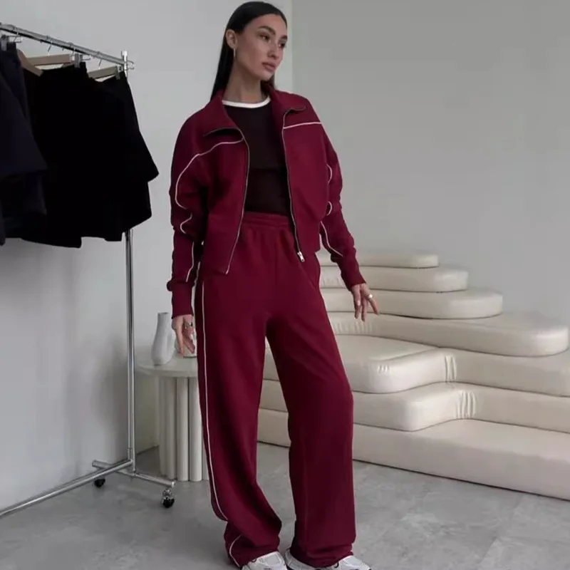 Casual Stripe Elastic Pants Long Sleeve Zipper Hoodie Jacket Women's Autumn Set Two-Piece Suit Cotton Polyester Blend Polyester