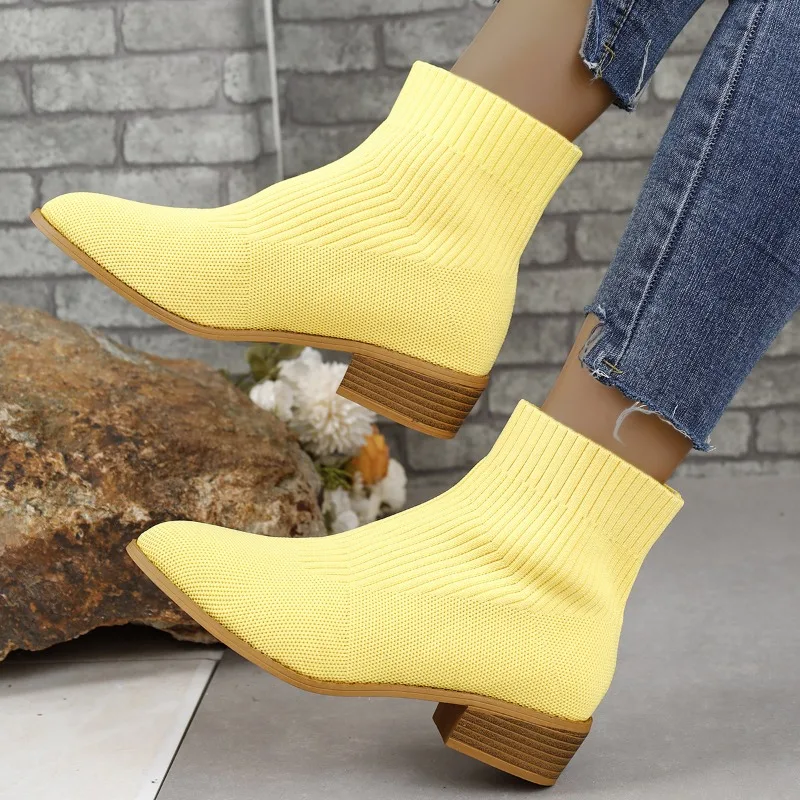 Ankle Sock Boots for Women Fashion Medium Heel Pointed Toe Knitted Short Chelsea Boots Female Casual Heeled Shoes Footwear Pumps