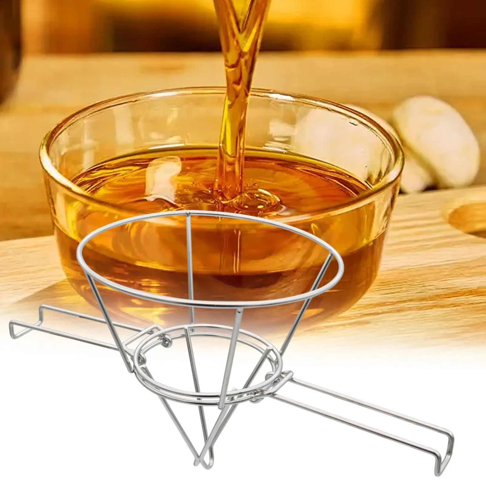 Maple Syrup Filter Stand Cooking Oil Filter Holder Stainless Steel Strainer Rack with Folding Arms for Home Cooking Filtration