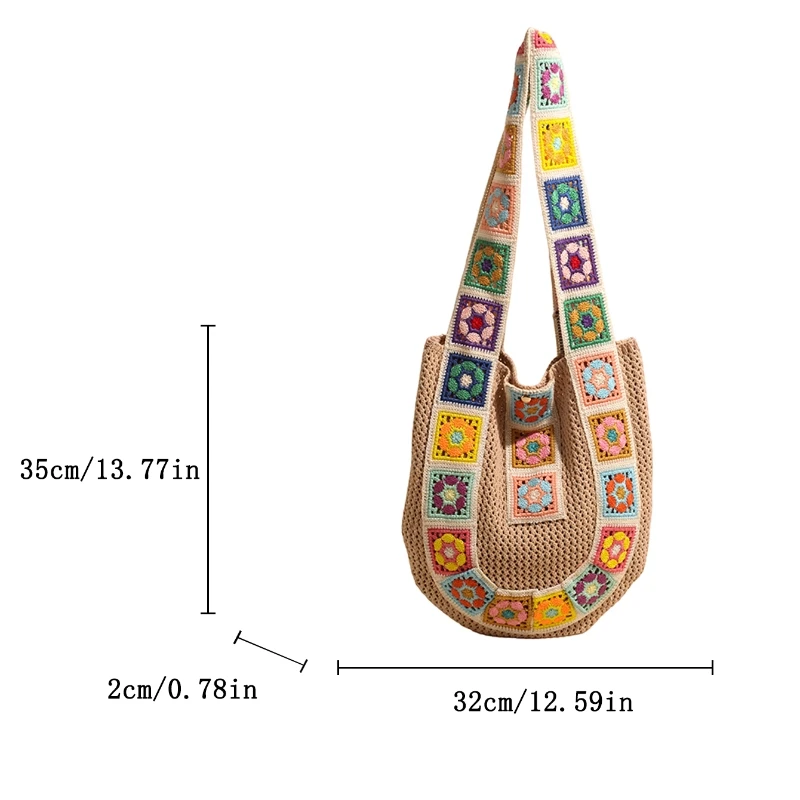 Summer Large Capacity Casual Boho Plaid Flowers Knitted Shoulder Bag National Style Handmade Hollow Out  Beach Crossbody Bag
