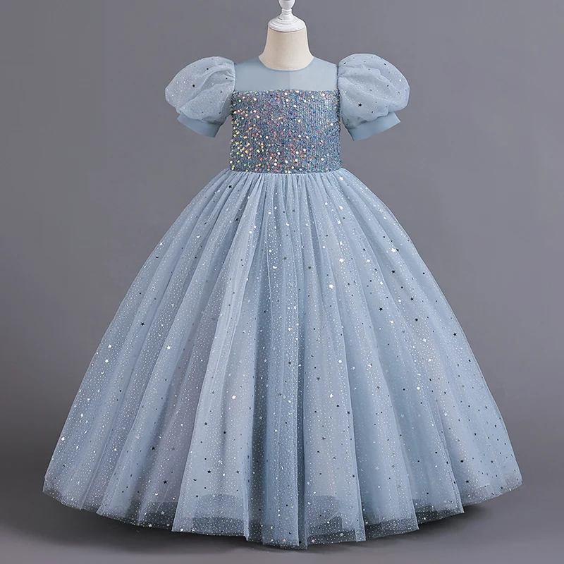 2024neue Kinder kleid Mädchen Prinzessin Pailletten Blase Ärmel lange Mesh Blume kleines Mädchen Hochzeit für den Sommer für 3-14 Jahre alt