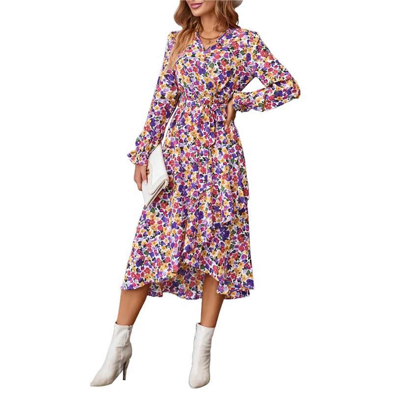 فستان نسائي صيفي بوهو ماكسي مزين بالزهور وأكمام طويلة ورقبة على شكل V وكشكش على شكل حرف a فساتين طويلة لحفلات الزفاف