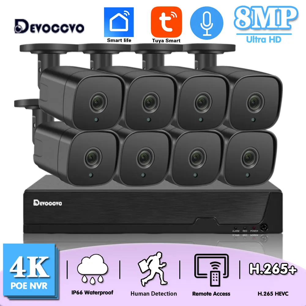 cctv security camera system kit de vigilancia por video ao ar livre a prova dagua ip bala 4k 8ch poe nvr 8mp 4ch hd tuya 01