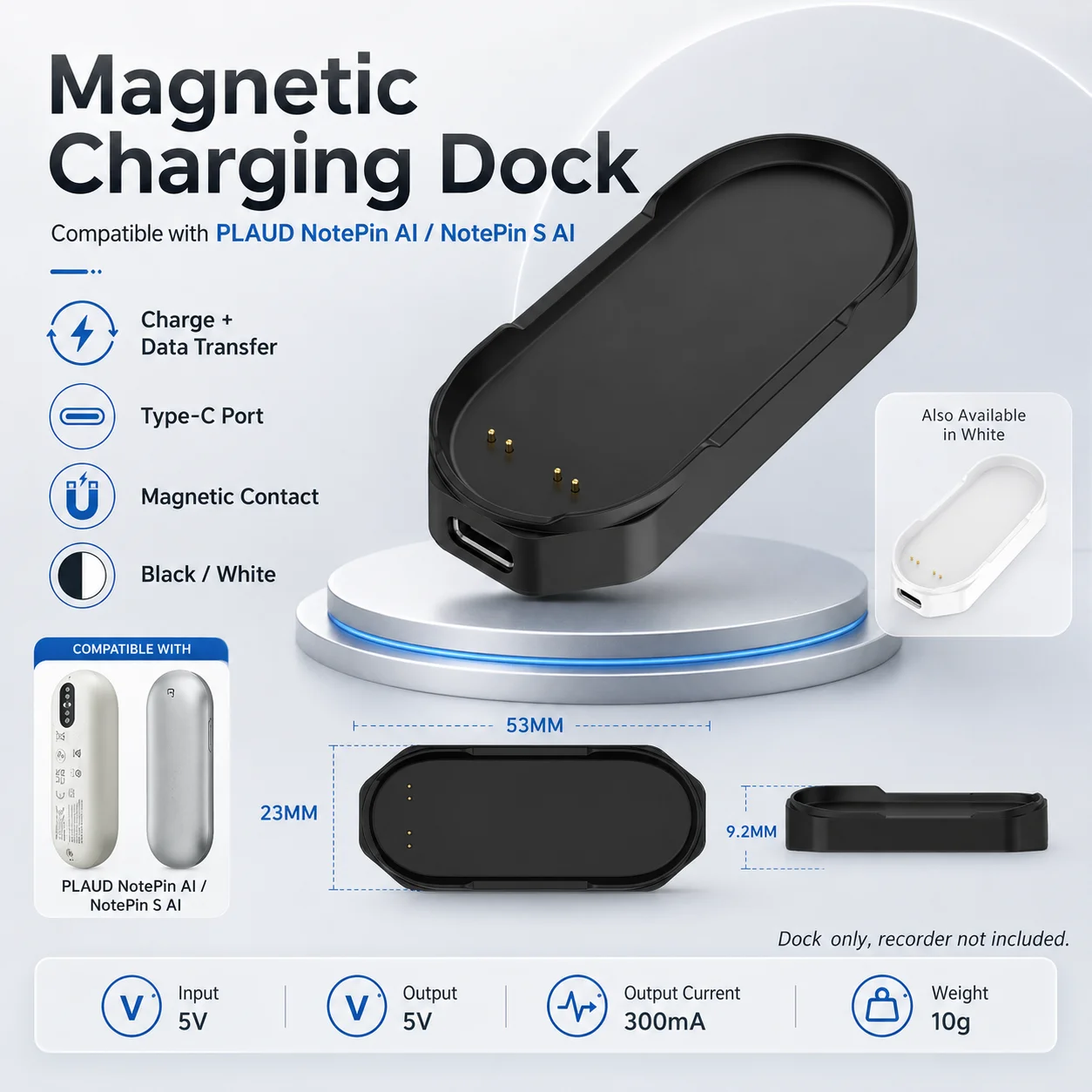 Charger Base For PLAUD NotePin AI Recorder Compact Fast Charging Base Station Sleek Design Charging Dock Replacement Parts
