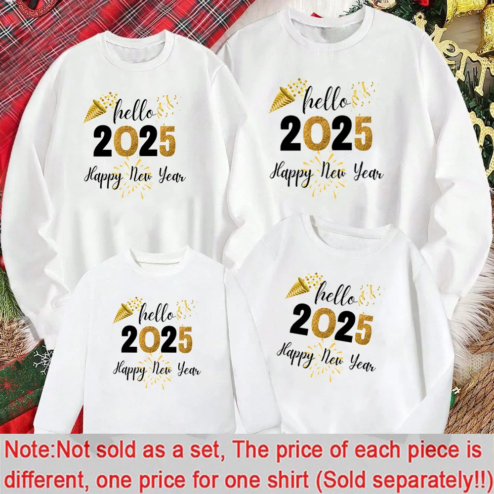 Happy New Year Hello 2025 Dad Mom Kids Sweatershirts Holiday Clothing Family Long Sleeve Shirts Family New Year Outfit