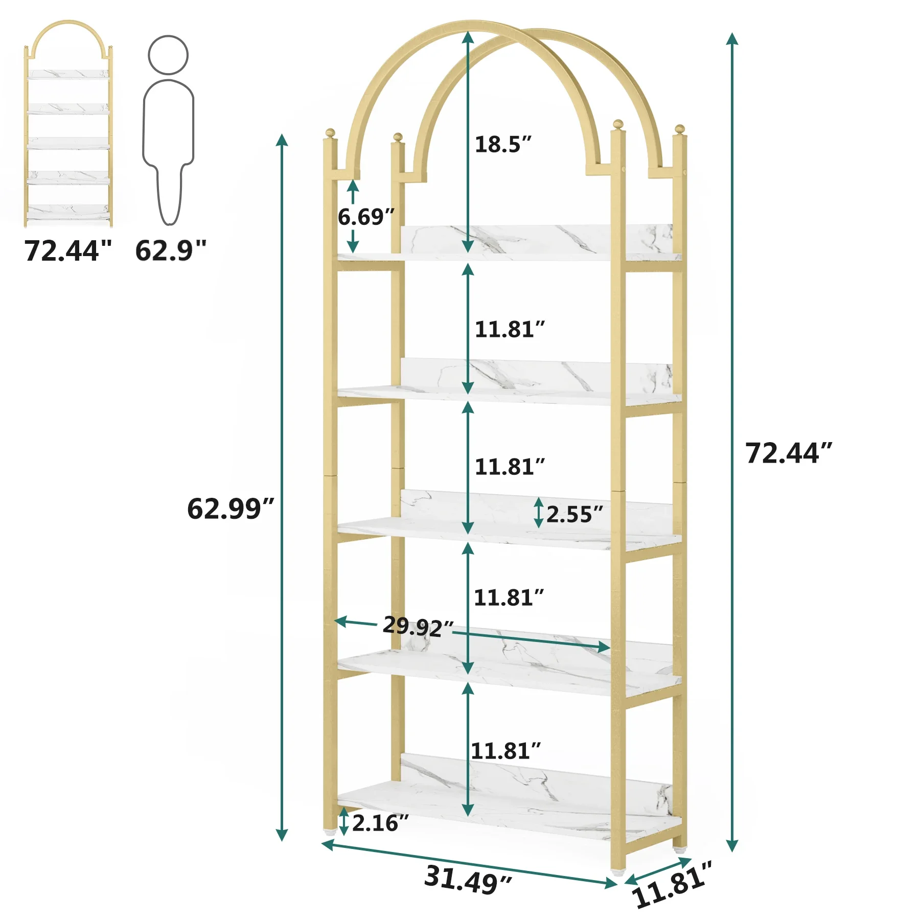 Tribe signs 5-Regal Gold Etagere Bücherregal, modernes Metall offen gewölbtes Bücherregal, 72 Zoll hohe Gold regale