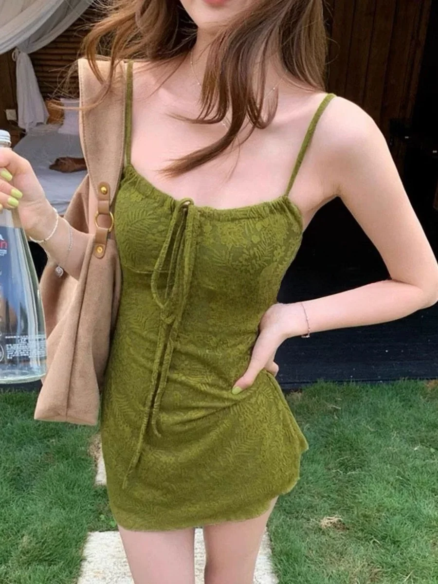

Ins Olive Green Halterneck Swimsuit Vacation Thermal Bath White Enhancing Skirt Style Swimming Costume Women