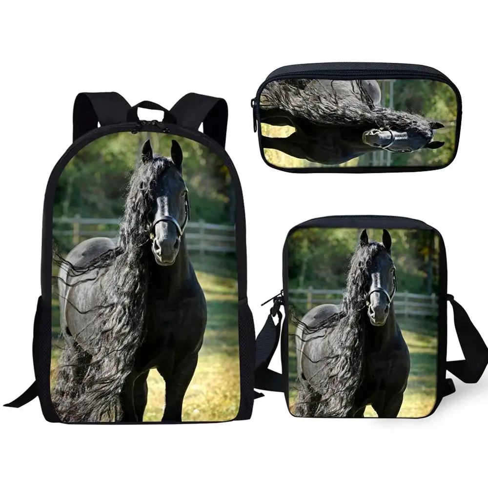 Hip Hop Youthful Handsome Black Horse 3D Print 3pcs/Set Student Travel bags Laptop Daypack Backpack Shoulder Bag Pencil Case