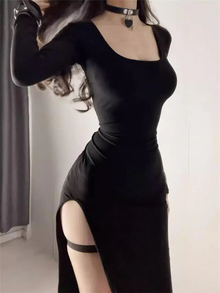 Sexy Side Slit Dress for Women Tight-fitting Wrap Hip Over-the-knee Long Sleeved Dresses Black Street Bodycon Spring Autumn - AliExpress 200000345 Sexy Side Slit Dress for Women Tight-fitting Wrap Hip Over-the-knee Long Sleeved Dresses Black Street Bodycon Spring Autumn - AliExpress 200000345