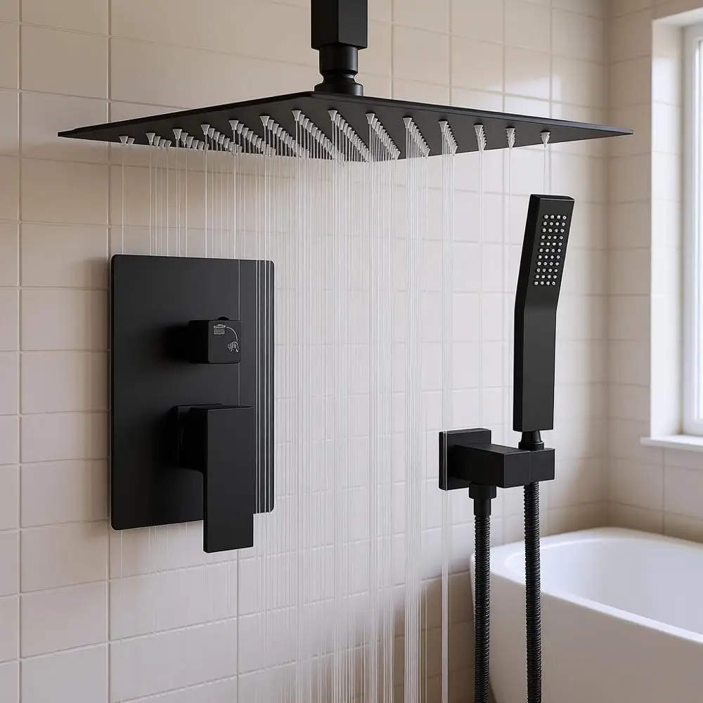 

Ceiling Mount Rain Shower with Handheld Spray and 12 Inch Shower Head, Matte Black Finish