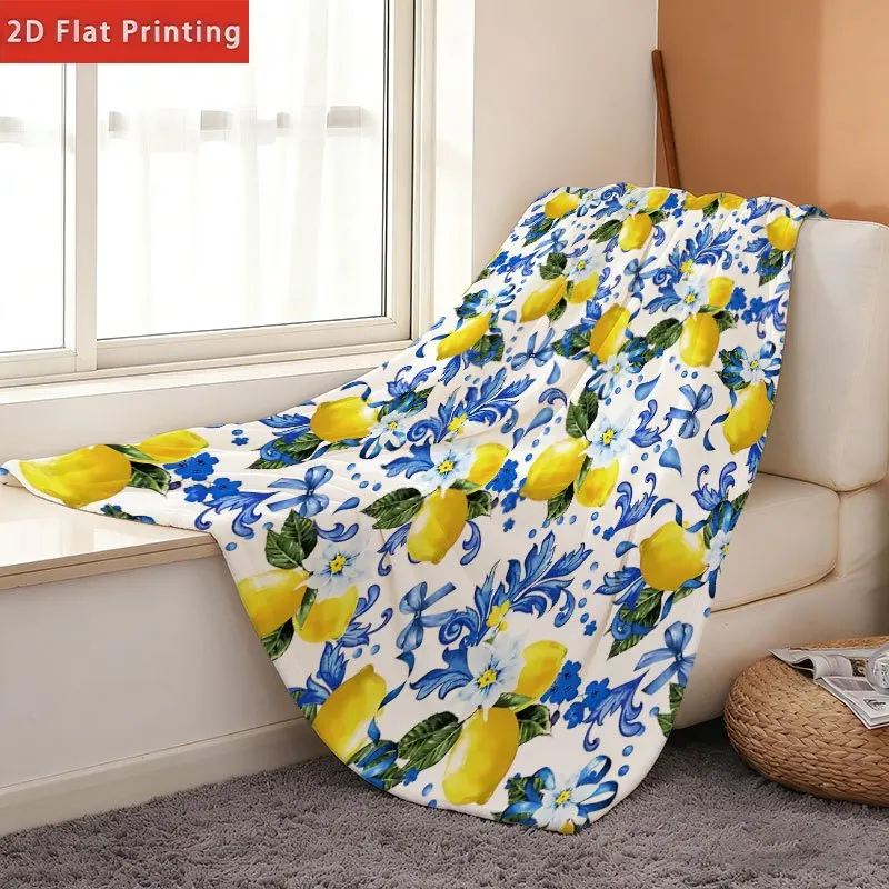 Lemon Floral Pattern Printed Flannel Blanket, Soft And Warm, Lightweight And Durable, Suitable for Sofa Bed, Travel, Picnic, Cam