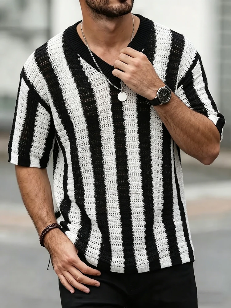 2026 Summer Daily Casual Mens Knitting T‑shirts Fashionable Contrast Color Striped Hollow Out Knit Short Sleeve Tops For Men