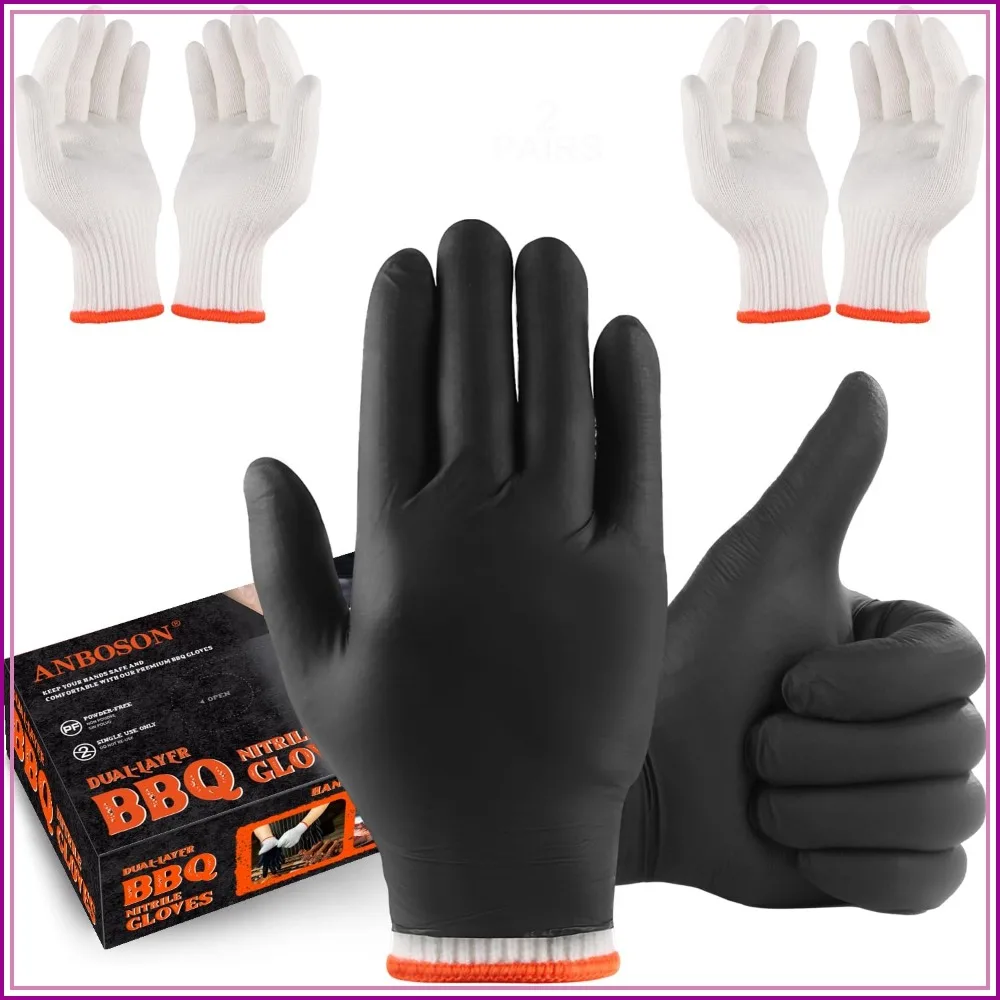 Disposable BBQ Gloves 100 Pack + 4 Reusable Cotton Liners, 6mil Nitrile, Large, Heat Resistant for Grilling
