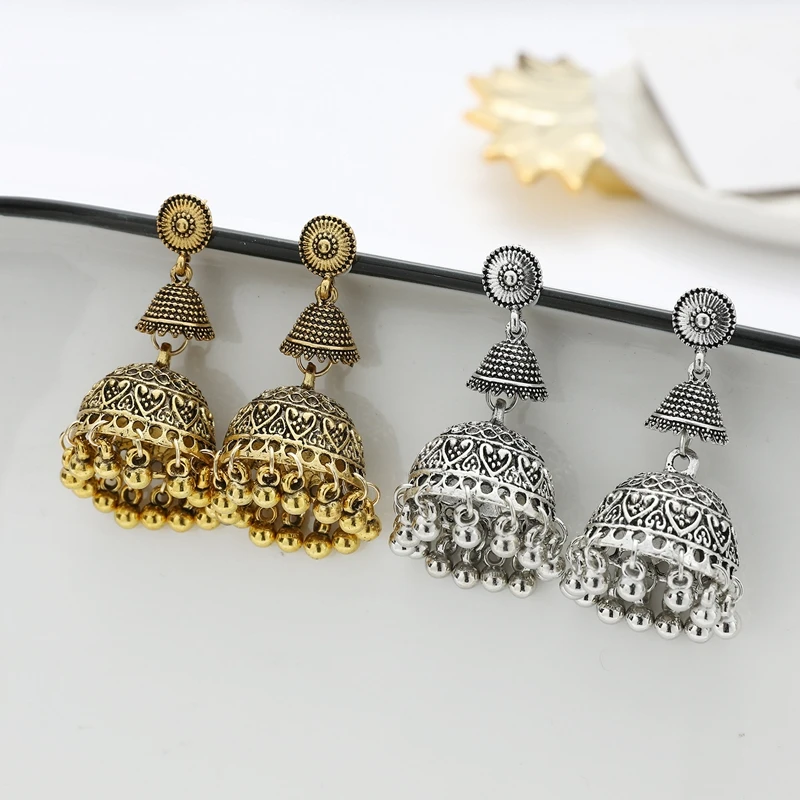 Indian Oxidized Jewelry Women\'s Gold Silver Color Big Bell Jhumka Earrings Ethnic Gypsy Tassel Alloy Drop Earing Tibetan Jewelry