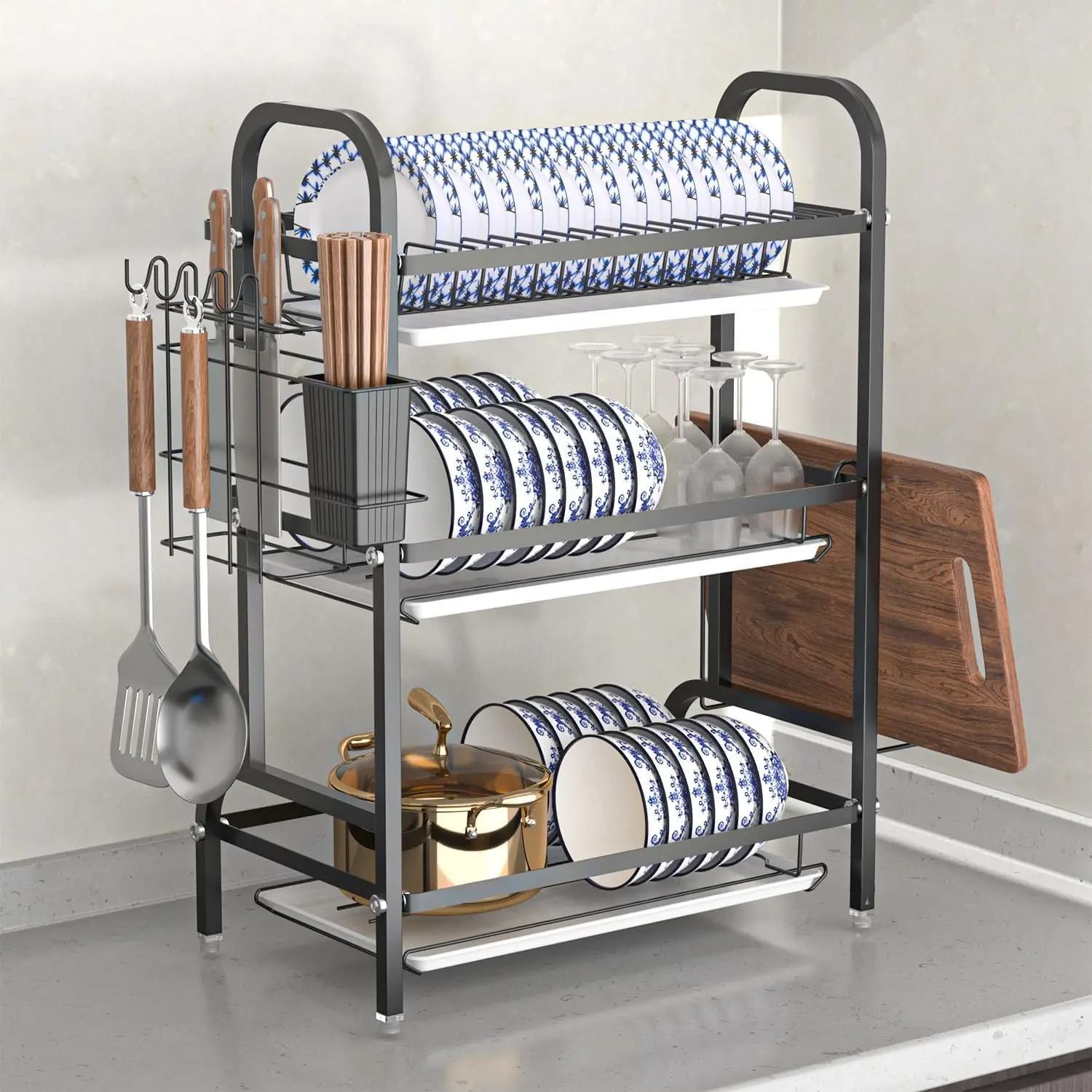 

Трехуровневая сушилка для посуды из нержавеющей стали со съемным поддоном для слива – вместительная сушилка для кухонной столешницы, включает в себя держатель для столовых приборов.
