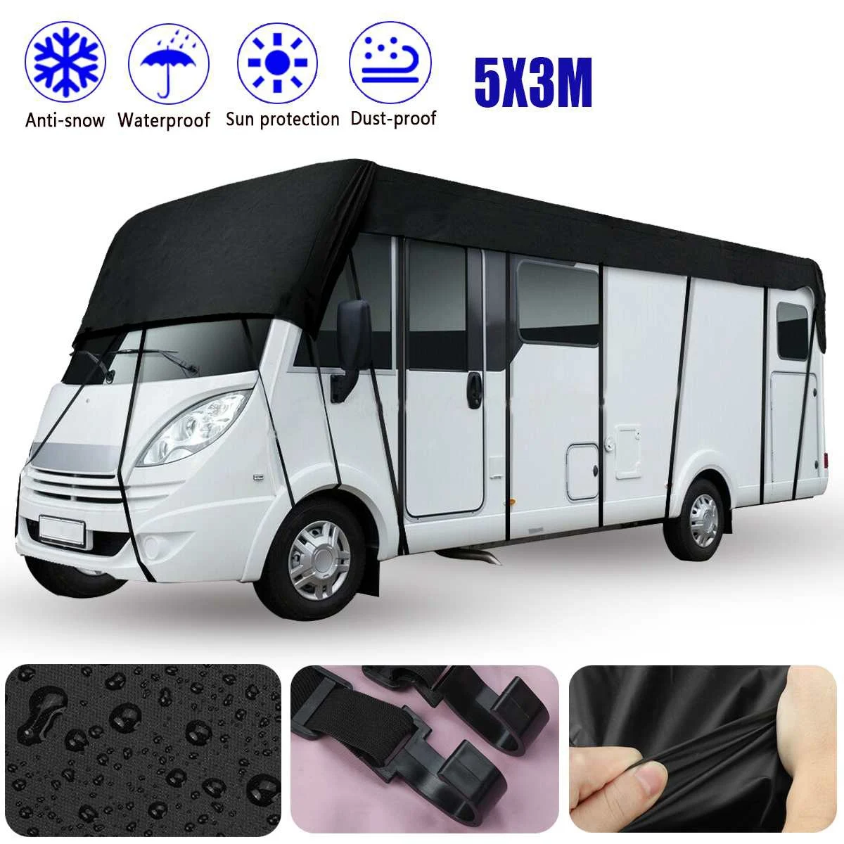 Caravan RV Roof Protective Cover Protection Tarpaulin 210D Waterproof with 26Pcs Windbreak Belts for RV Caravan 5X3Meters