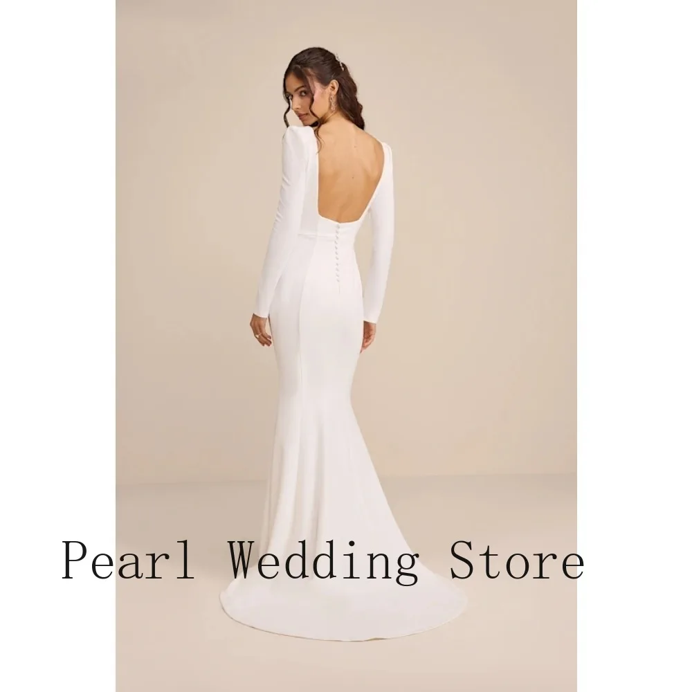 2026 Minimalist Square Neck White Bridal Gown Long Sleeve Mermaid Dress with Train for Winter Wedding & Pre-Wedding Photoshoot