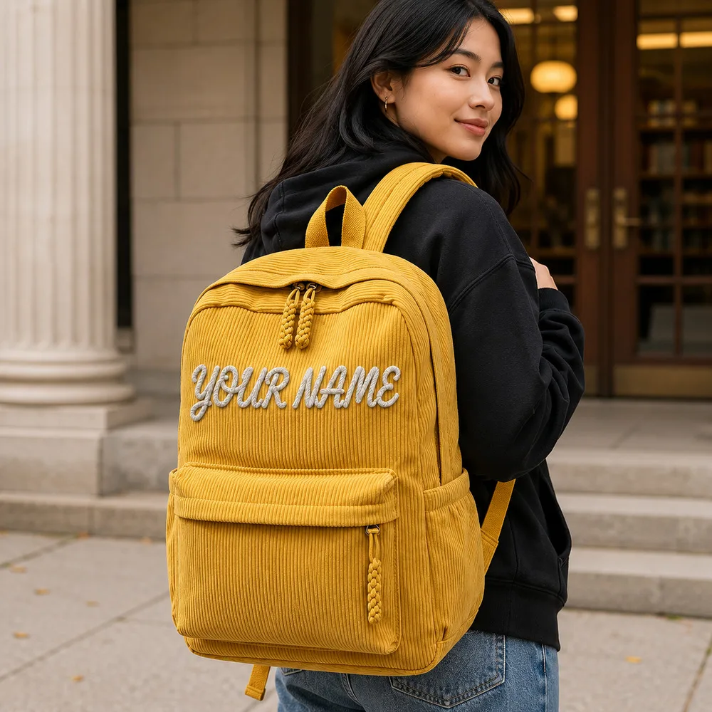 Personalized Rope Embroidered Corduroy Backpack, Custom Name School Backpack Large Capacity Casual Travel Daypack Gift