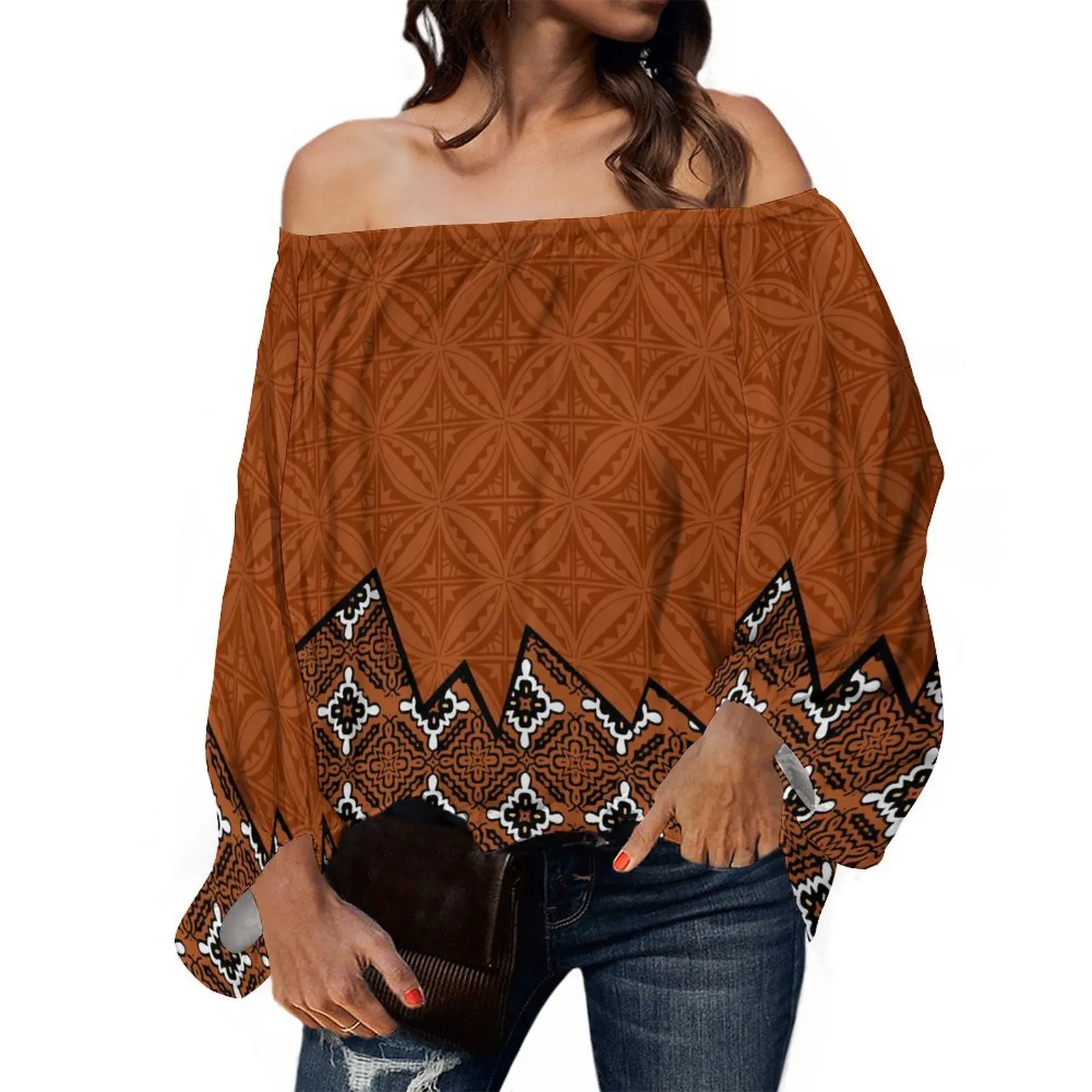 

2024 Women'S One-Line Shoulder Long Sleeve Top Shopping Casual Loose Temperament Top Polynesian Island Hd Pattern