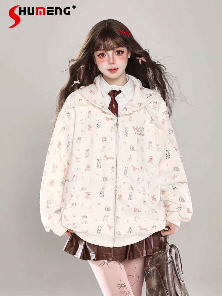 

Fashion Streetwear Cute Cartoon Printed Embroidered Long Sleeve Ears Hooded Zip Up Hoodies Casual Loose Sweatshirts Women Autumn