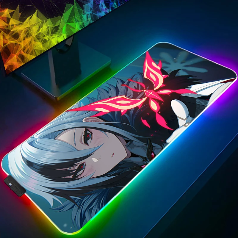 

Mouse Pad RGB Anime Gaming Accessories Mousepad Gamer PC LED Computer Genshin Impact Arlecchino Keyboard Pad HD Desk Mat Varmilo