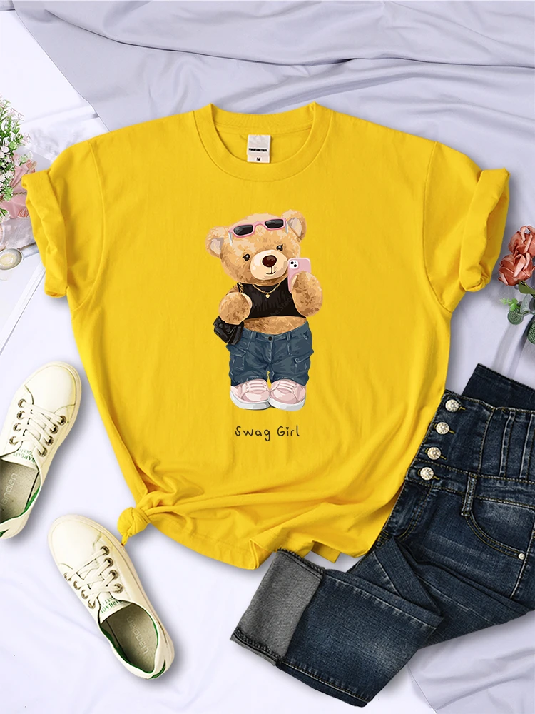 Camiseta con estampado divertido de oso de peluche para mujer, camiseta de manga corta con personalidad, estilo Hip Hop, transpirable, Verano