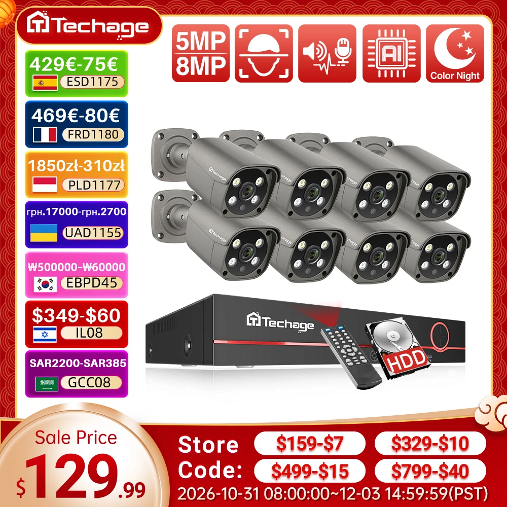 Techage 8CH 5MP 8MP Security Camera System 4K HD POE NVR Kit Two Way Audio Face Detect Outdoor Video Surveillance IP Camera Set