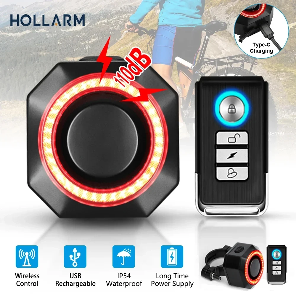 Hollarm bicicleta anti roubo alarme lanterna traseira do assaltante carga usb luz da bicicleta inteligente sensor de freio controle remoto alarme cauda lâmpada