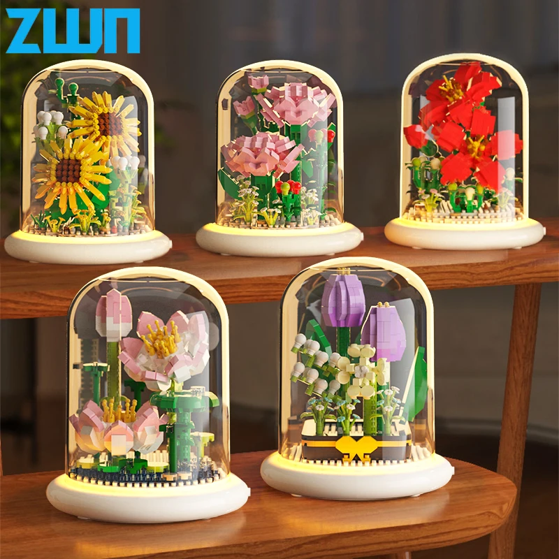 Children Creative Flower Building Block Kit Toys With Lights Eternal Flower Rotating Music Box Kid\'s Puzzle Assembly Toy Bouquet