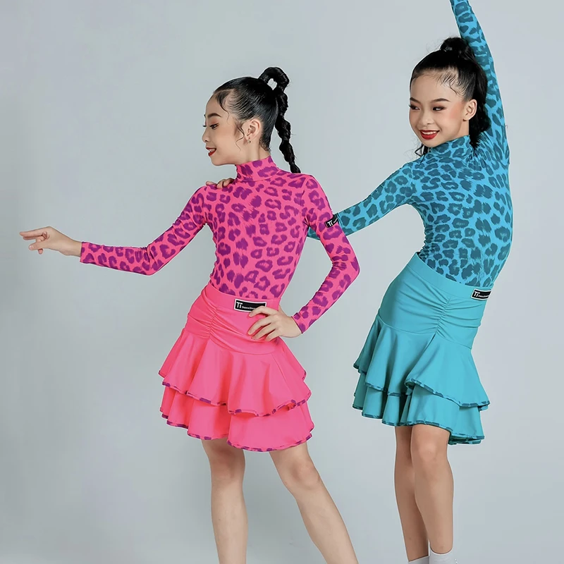 2024 New Latin Dance Costumes For Girls Leopard Print Long Sleeved Split Skirt Suit Kids Clothing Chacha Latin Dress DN17339