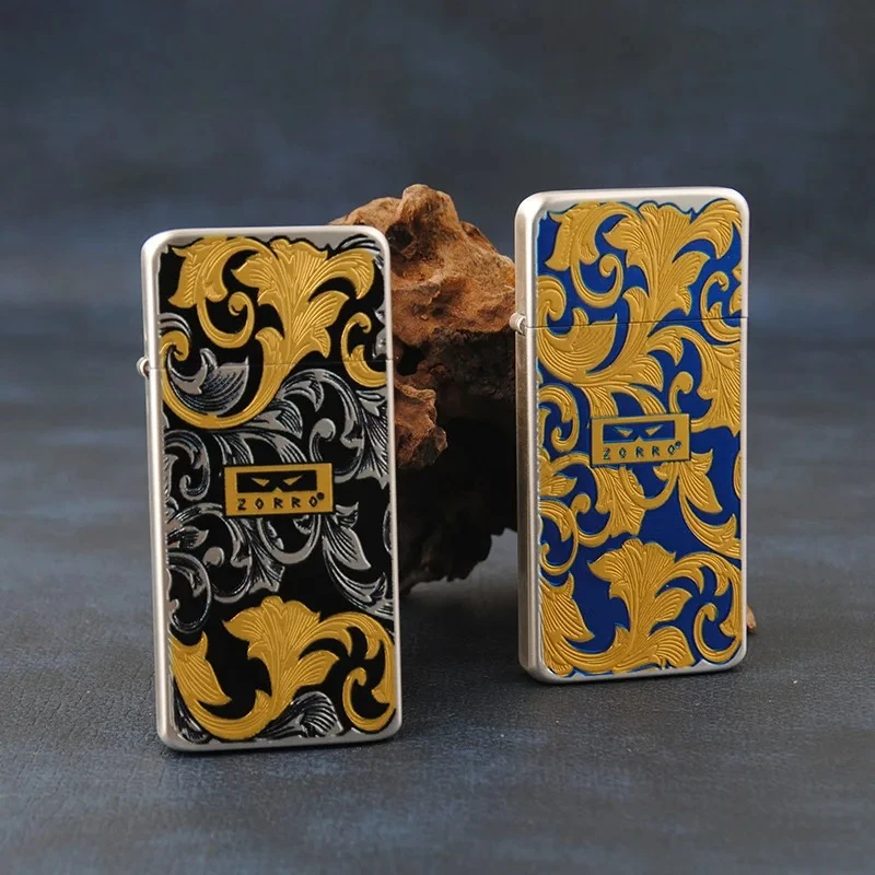 ZORRO Second-generation Ultra-thin Tang Grass Carving Lighter, Brass, Sealed and Waterproof High-quality Oil Lighter