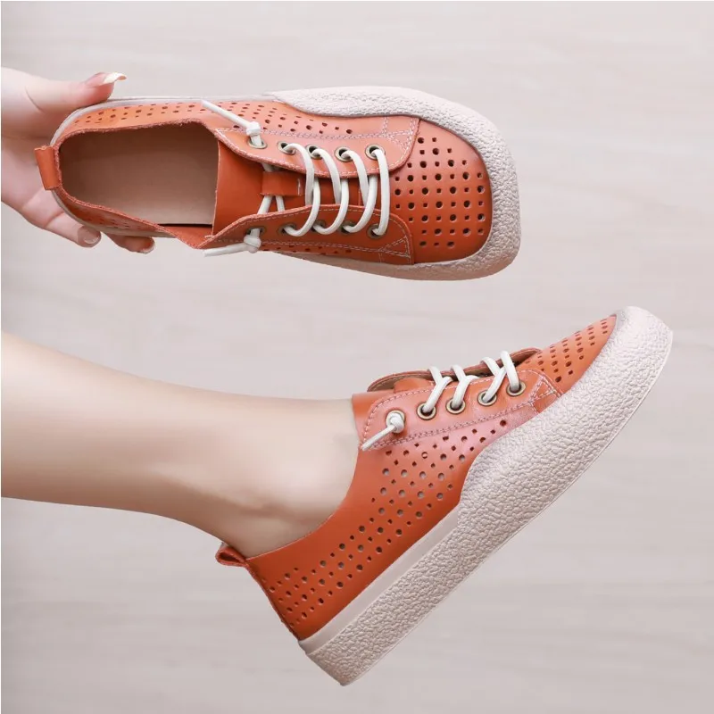 GKTINOO Women Sneakers Summer Shoes Genuine Leather Loafers Lace-Up Hollow 2024 New Handmade All-Match Platform Sneakers