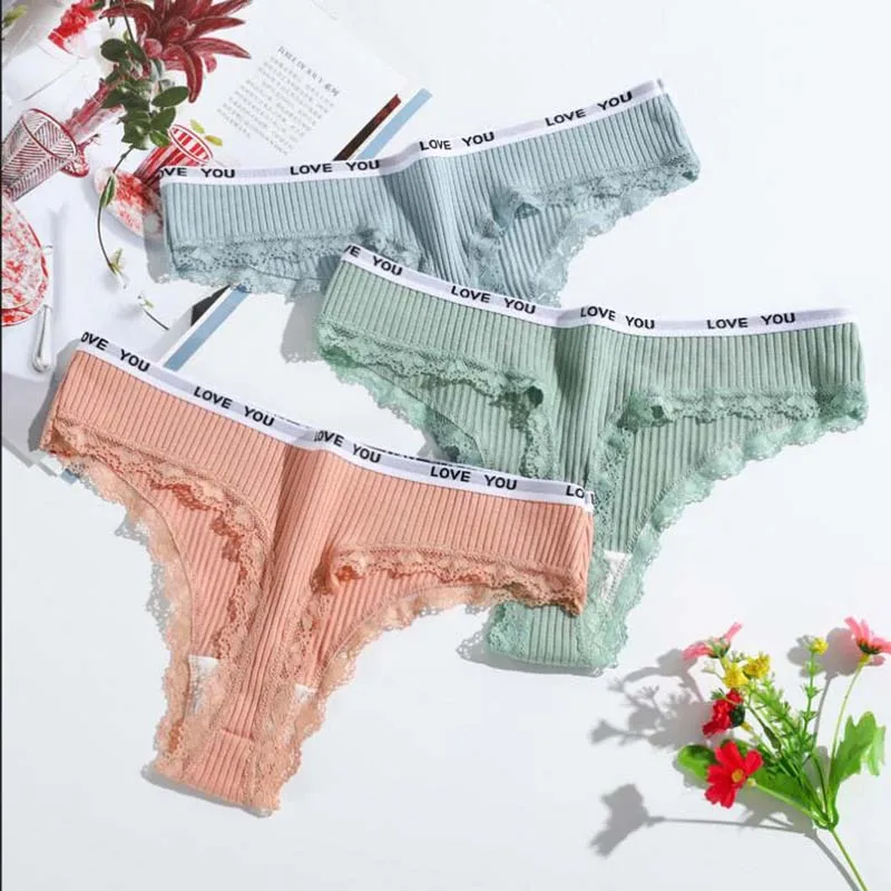 Lot de 3 tongs en coton pour femmes, culottes taille basse, sous-vêtements en dentelle, pantalons T-back, lingerie sexy, slips féminins