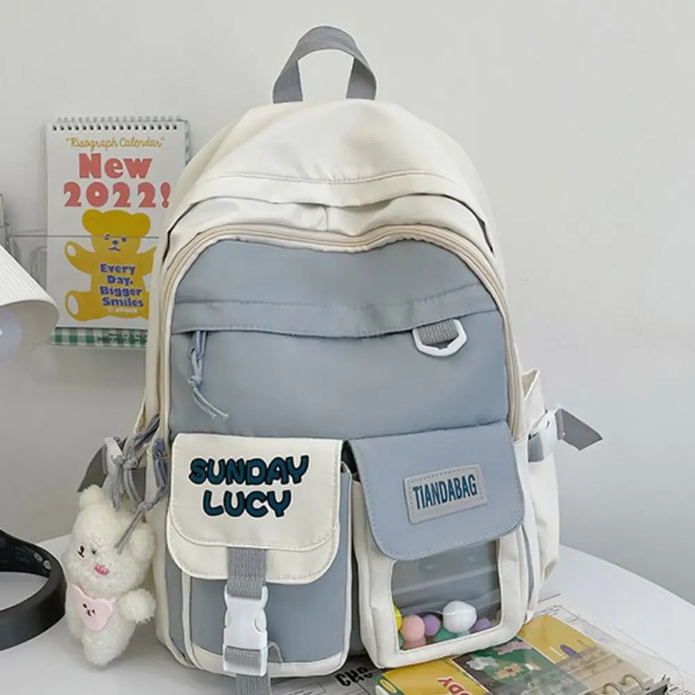 Trendy Nylon Large Capacity Backpack Double Zipper Commute Korean Style School Bag Canvas with Bear Pendant Casual Knapsack Kids