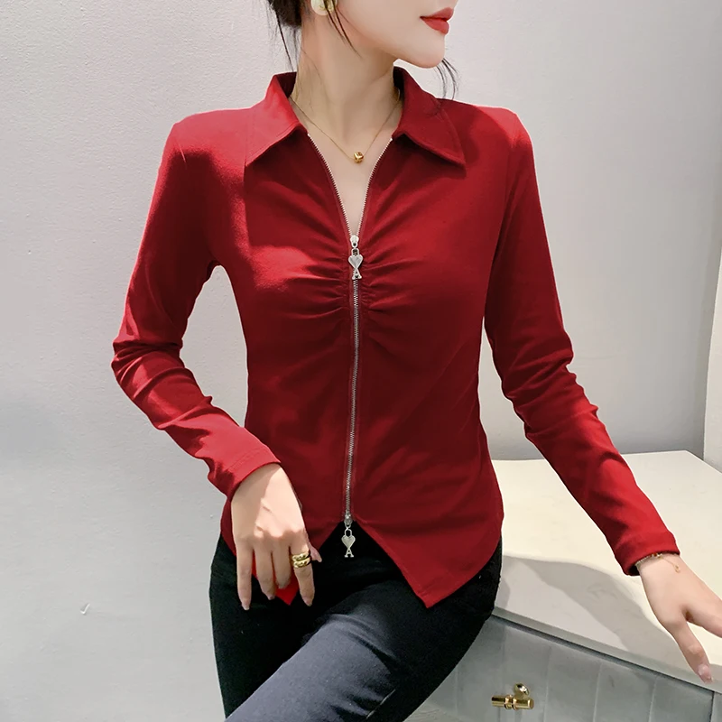 2023 New Fall Winter European Clothes T-Shirt Fashion Sexy Turn-down Collar Zipper Women Tops Long Sleeve All Match Tees 39098