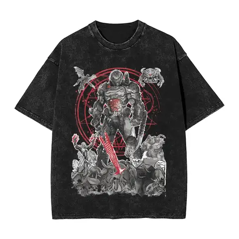 Classic Game Washed Oversized T Shirt Men Women Streetwear Doomguy Dooms Eternal Slayer Cacodemon 100% Cotton Soft Short Sleeve