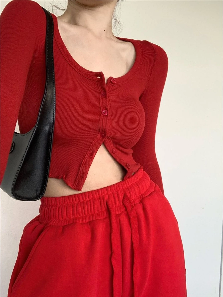 Red T-shirts Women Long Sleeve Folds Hem Crop Tops Button Sexy European Style Hot Girls Solid Slim Street Wear Fashion Chic