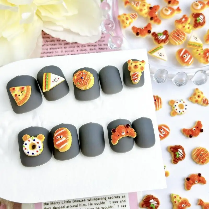 30PCS Simulated Salad Bread Donut Nail Charms Creative Cute Bear Cowhorn Sandwich Desserts Resin Nail Art Decorations DIY Nails