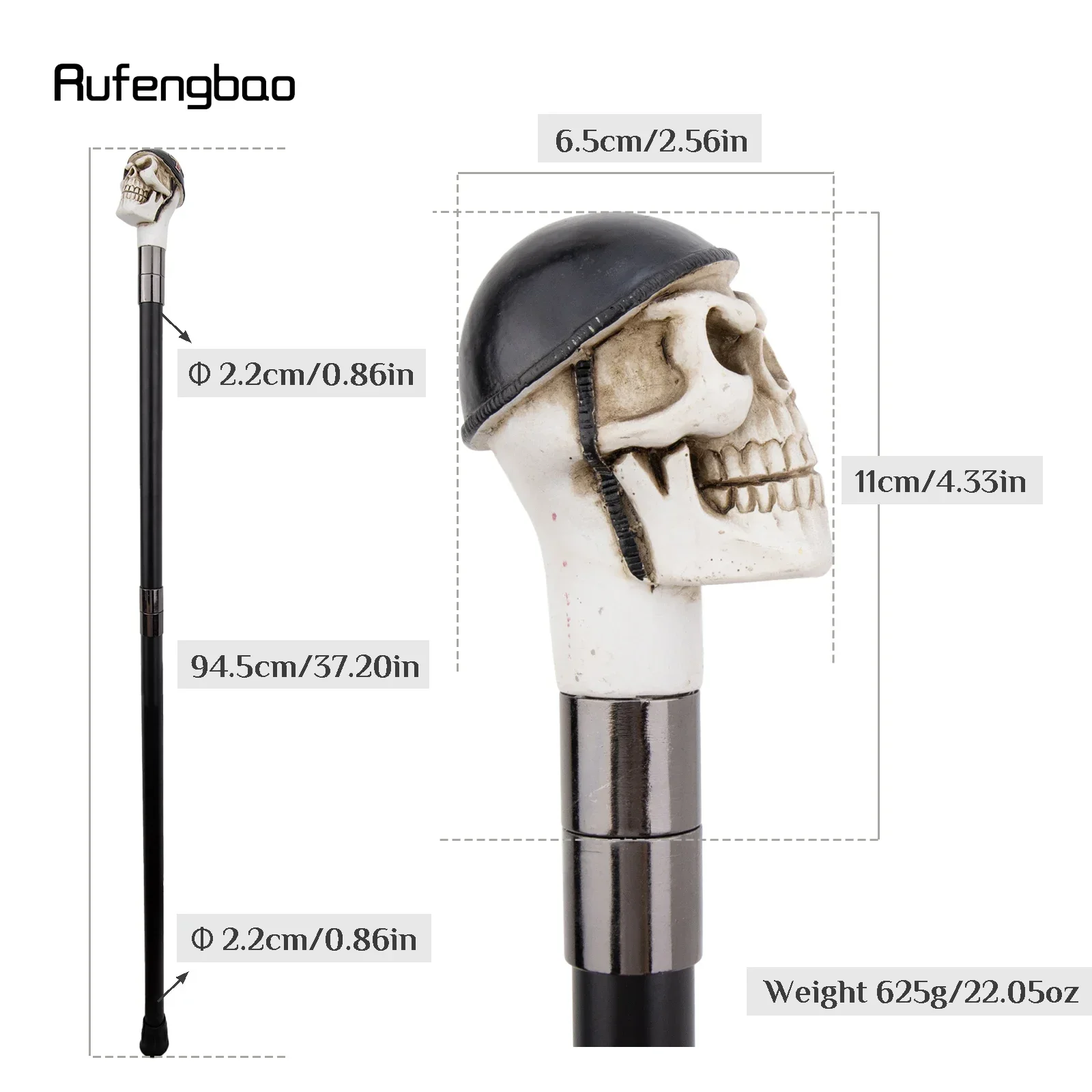 Weißer Harzhelm, Totenkopf-Kopf, Gehstock, modisch, dekorativer Stahlstab, Gentleman, elegant, Cosplay, Gehstockknopf, Crosier, 94 cm