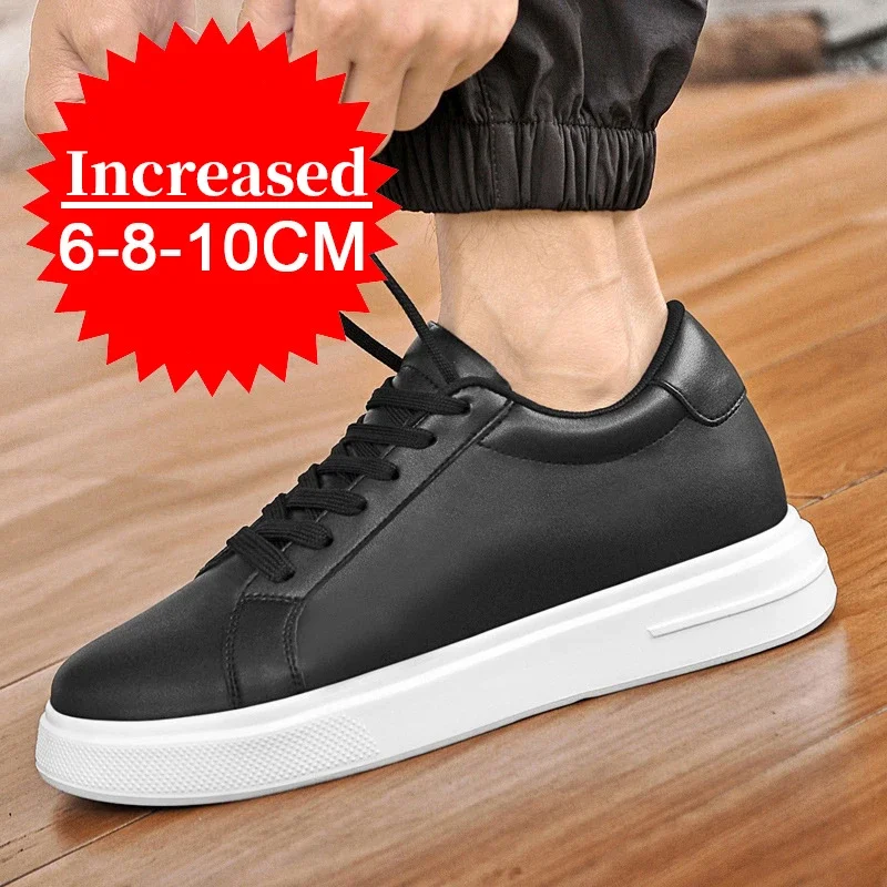 Men's Height-enhancing 8CM Fashionable Board Shoes Men's Large Pier Layer Cowhide Shoes Trendy Student Breathable Casual Shoes