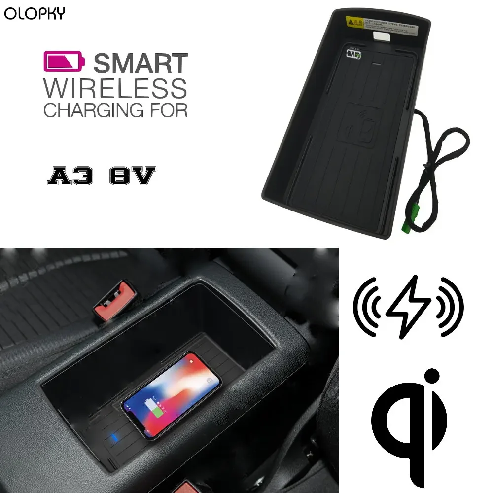 

OLOPKY For Audi QI Wireless charging Hidden Wireless charger Phone Holder Storage Box For A3 S3 8V