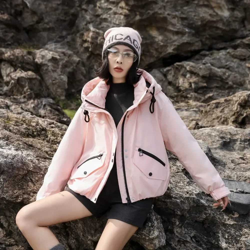 Chaqueta Parke de plumón de pato ligero impermeable para mujer nueva ropa superior de invierno para mujer chaqueta acolchada corta gruesa y esponjosa con capucha