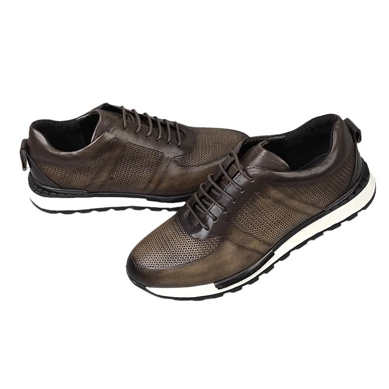 French Style Genuine Leather Men's Oxford Sneakers Lace-up Non-slip Rubber Sole Flat Outdoor Urban Casual Footwear Male