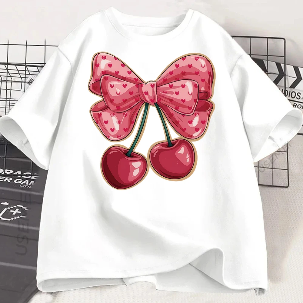 Fashion Cherry Print Women T-Shirt Short Sleeve Crew Neck Casual Tops for Summer Spring Women's Clothing Tops Tees Graphic