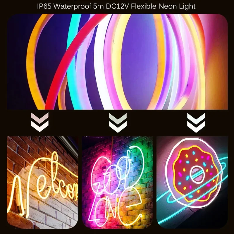 5M DC12V Einfarbige Neon-LED-Streifenleuchte, wasserdicht, Silikon, flexible Seillampe für Schlafzimmer, Wohnzimmer, Party, Urlaubsdekoration