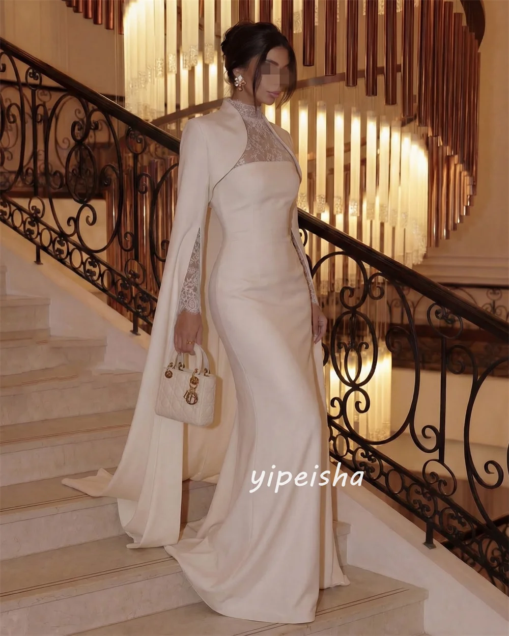 Customized Beige Formal Modest Jersey Pleat Lace Straight High Collar Long Dresses Evening Dresses Casual For Birthday Party 2