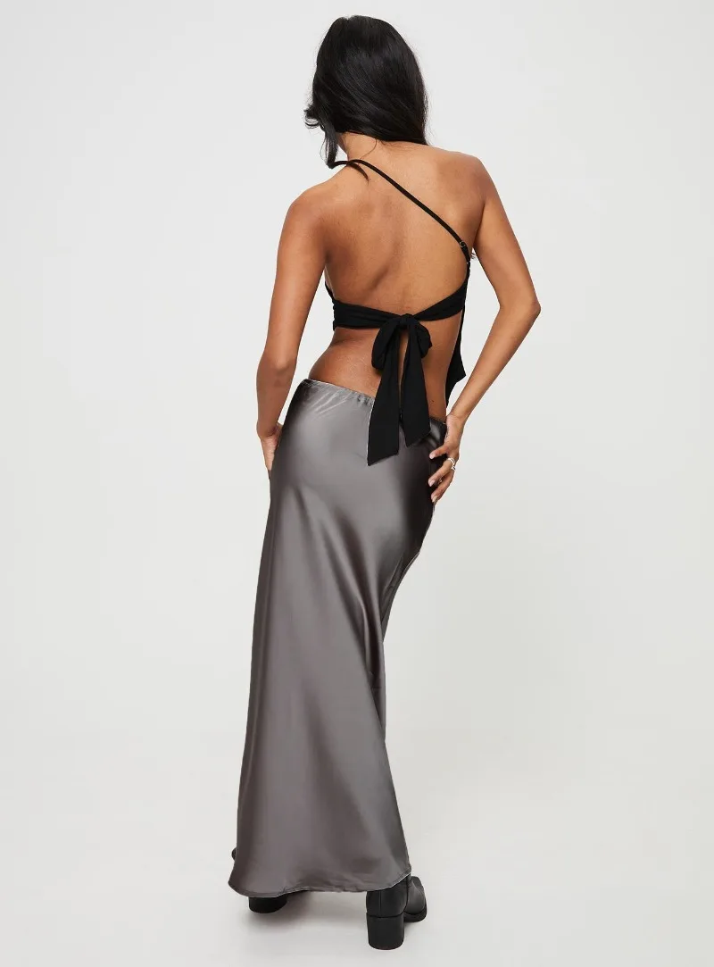 2026 Spring Summer Solid Color Satin Long Skirt For Women High Waist Lace-Up Fashion Elegant Faldas Light Luxury Women's Skirt