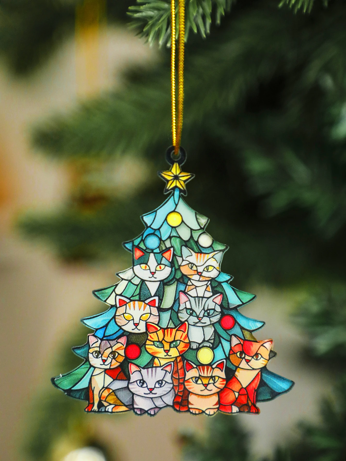 Christmas Acrylic Cat Tree Shaped Ornament Colorful Cats Pattern Hanging Decor Festive Xmas Tree Decor Pendant for Home & Party