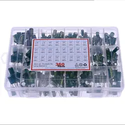 360Pcs 24Kind High frequency electrolytic Capacitor Box Kit set 1uF-1500uF Aluminum Capacitors 6.3V-50V Low ESR